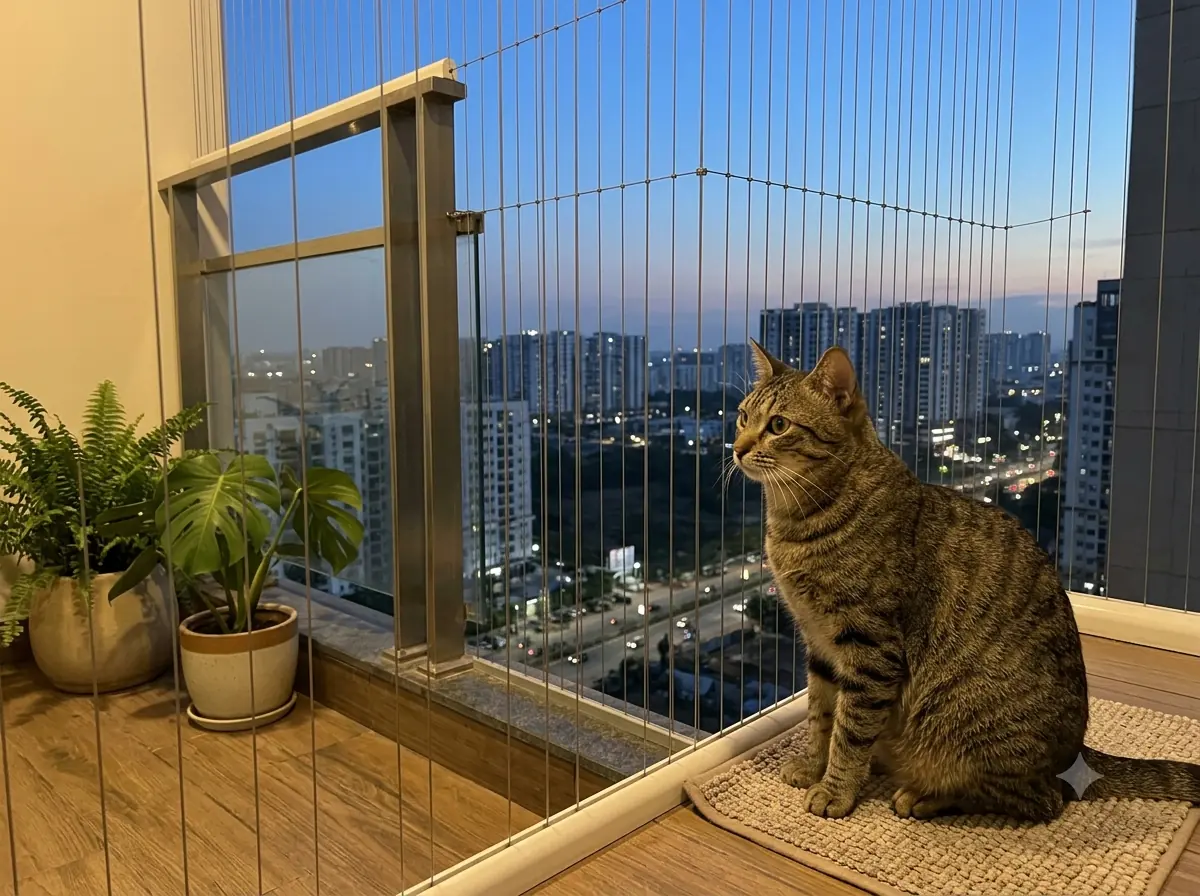 Cat on a balcony protected by invisible grill cables (illustrative image)